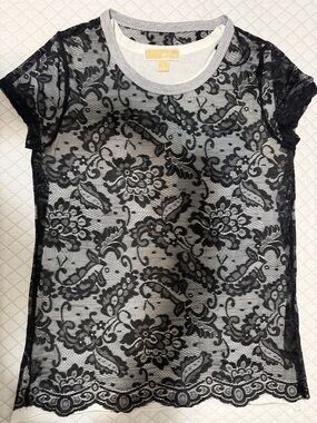 MICHAEL Michael Kors Black Floral Lace Short Sleeve Tee with Contrast Neck